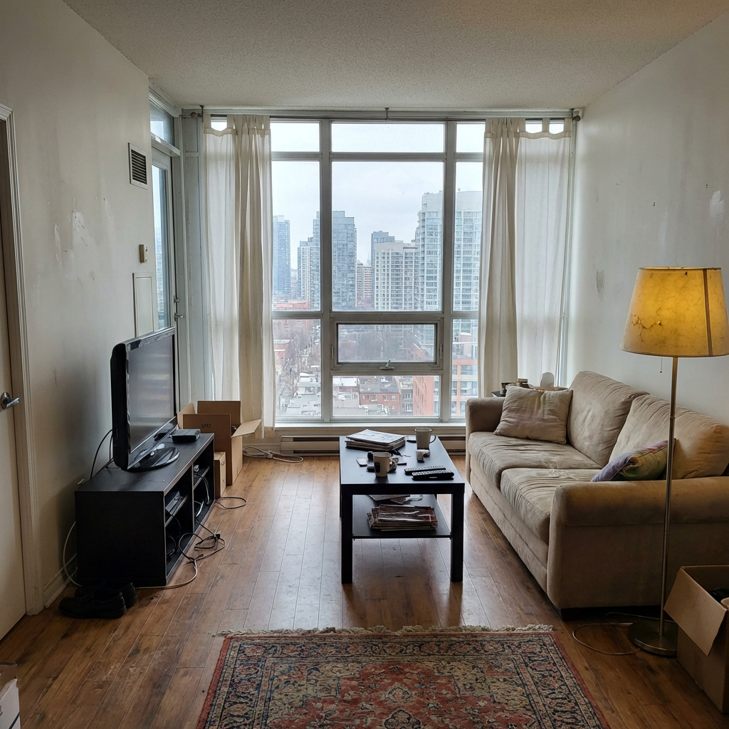 High-rise apartment living room before renovation
