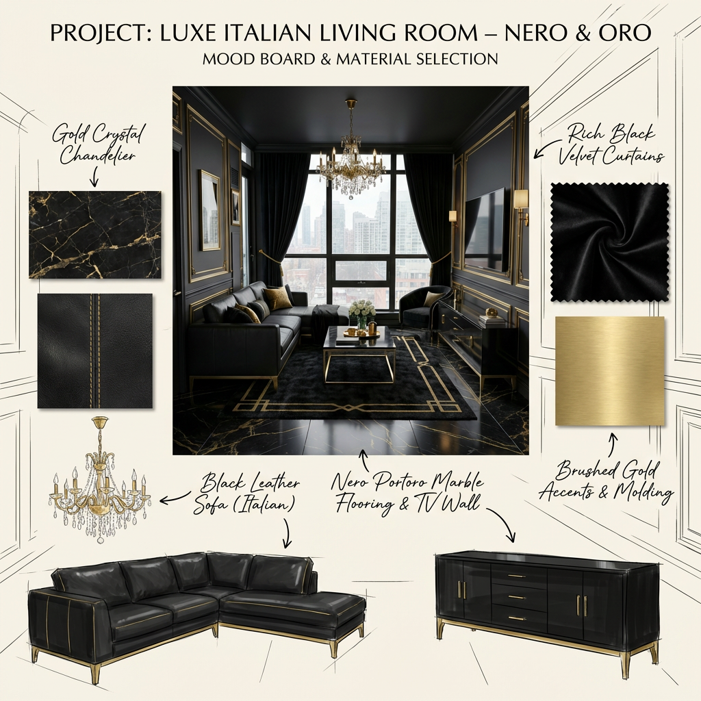 Black and Gold Italian Living Room - Furniture and Material Mood Board